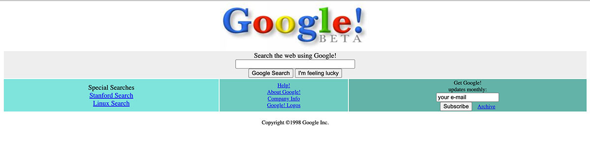 Одна из первых версий дизайна Google (1998 г.)