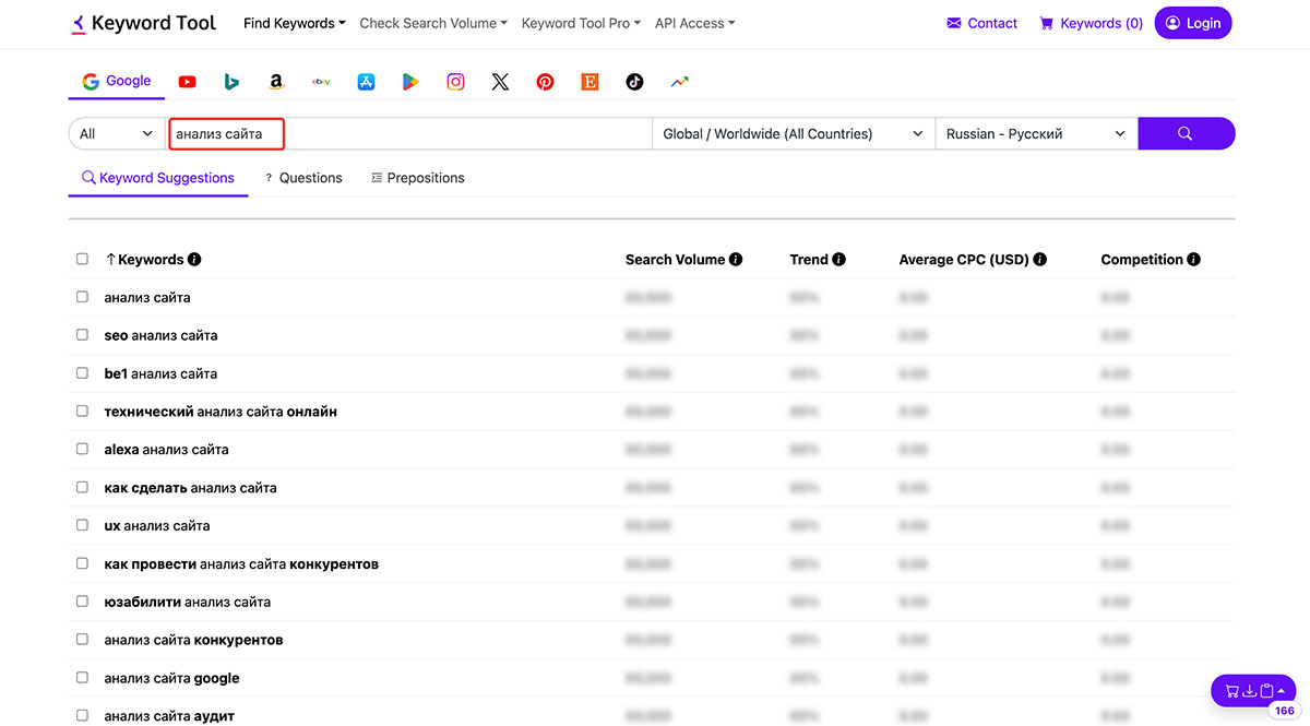 Подбор ключевых слов через Keywordtool.io
