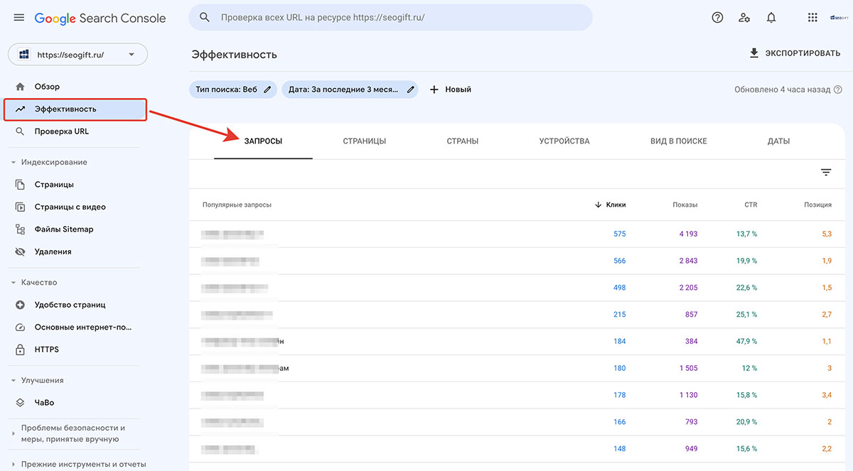 Google Search Console, отчёт по поисковым запросам в разделе 