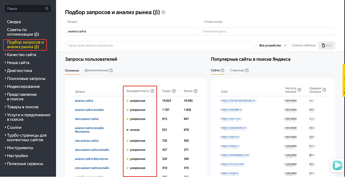 Проверка конкурентности запроса в Яндекс.Вебмастере, раздел 