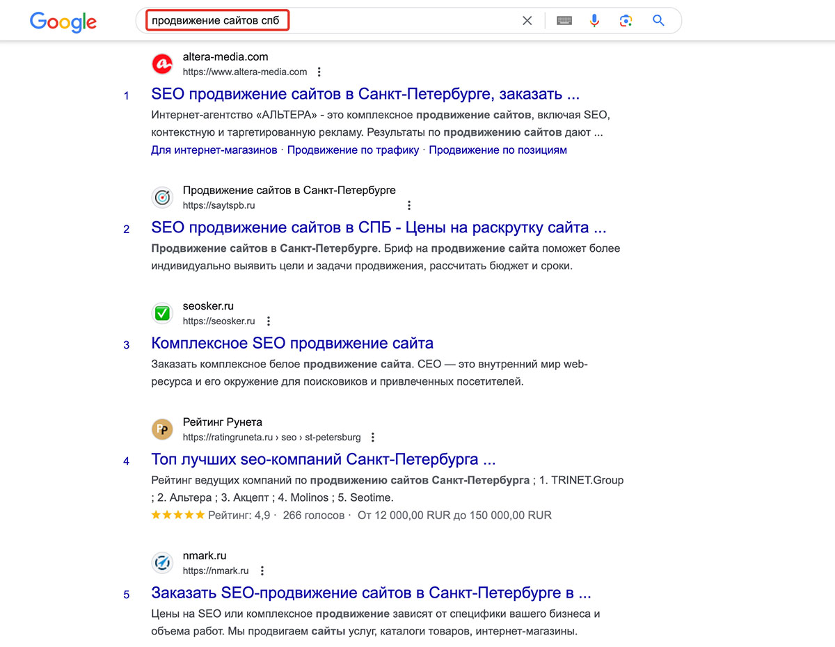 Поисковая выдача Google по запросу 