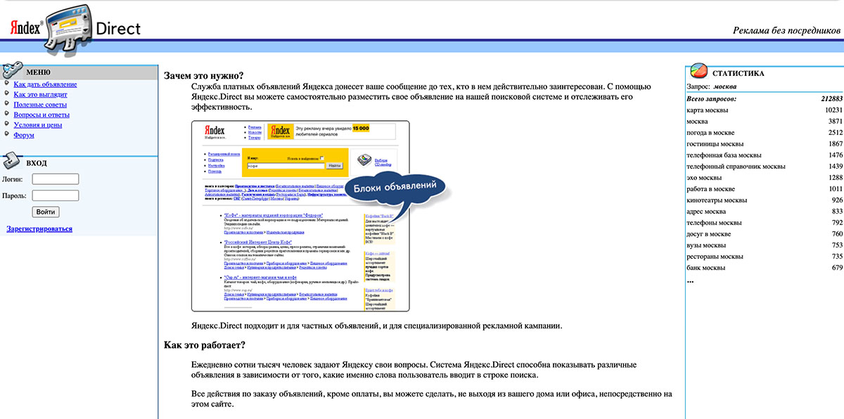 Первая версия дизайна сервиса Яндекс.Директ (2001 год)